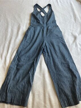 Skies Are Blue Blue and White Pinstripe Wide-Leg Jumpsuit